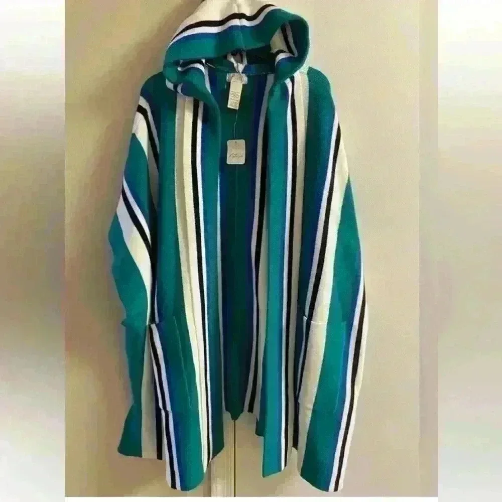 Free people‎ Boho Striped Hooded Poncho Teal Blue White Cozy Shawl Wrap One size